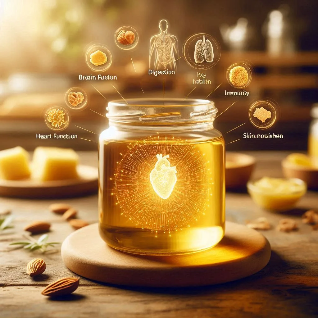 A glass jar of Desi Cow Ghee with a wooden spoon, showcasing its golden color and rich texture, placed on a rustic wooden surface with natural lighting.
