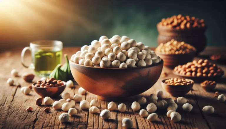 A bowl of Premium Raw Phool Makhana (Fox Nuts) placed on a rustic wooden table, showcasing fresh, crispy, and naturally white lotus seeds. A few roasted makhanas and a glass of green tea in the background highlight its healthy, gluten-free, and high-protein benefits.