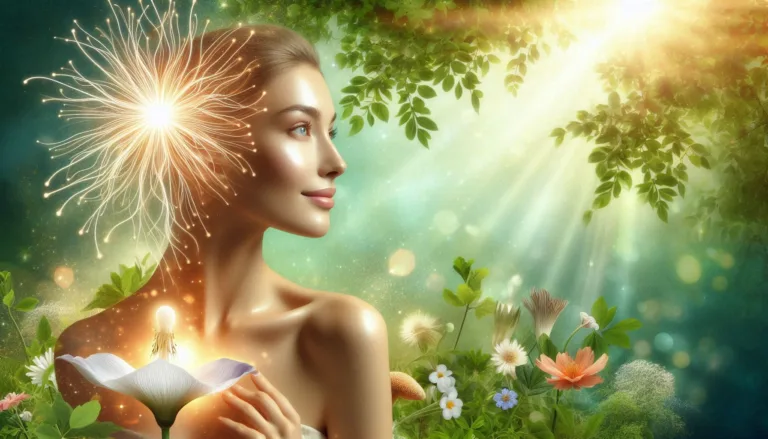 Glowceps Supplement – A glowing, youthful person with radiant skin stands in a serene nature setting, surrounded by lush green foliage and soft sunlight filtering through trees. The individual exudes vitality and energy, with a gentle aura of light, symbolizing the rejuvenating benefits of Glowceps Supplement. The scene conveys feelings of wellness, natural beauty, and ageless vitality.
