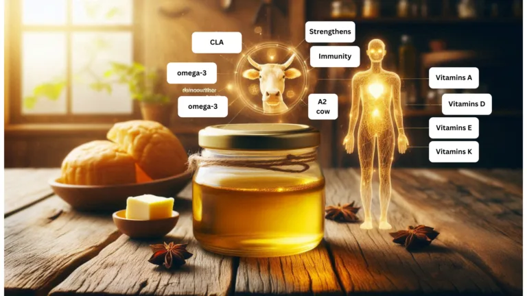Golden Desi Cow Ghee in a glass jar with a wooden spoon, placed on a rustic wooden surface. A semi-transparent human body illustration highlights key benefits such as digestion, brain function, heart health, immunity, and skin nourishment.